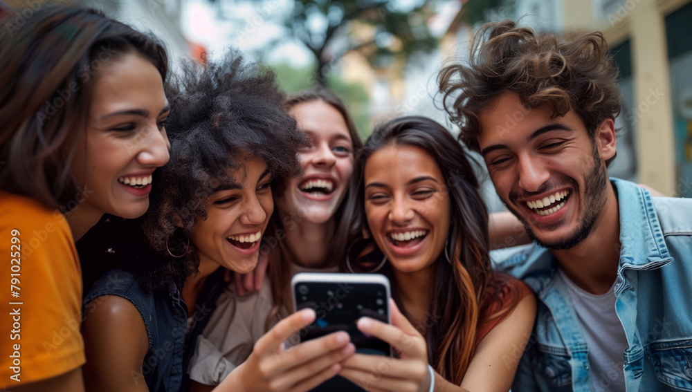 In a blurred background, a diverse group of friends shares a moment of laughter and camaraderie while gathered around a phone screen. Their expressions range from smiles to surprise and excitement as In a blurred background, a diverse group of friends shares a moment of laughter and camaraderie while gathered around a phone screen. Their expressions range from smiles to surprise and excitement as