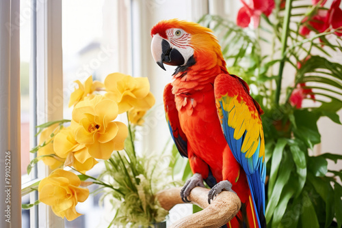 Colorful macaw parrot sitting on a window sill with flowers