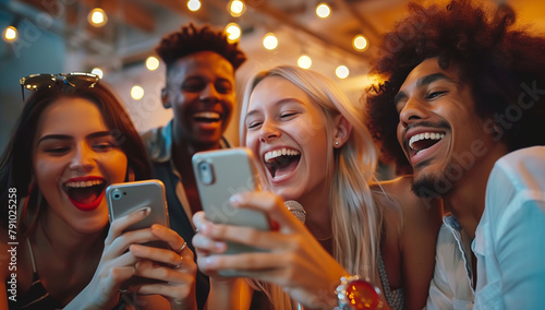 A group of friends laugh and share their phone with their friend, all looking at the screen together. They have different nationalities and some people smile while others look surprised or excited by  photo