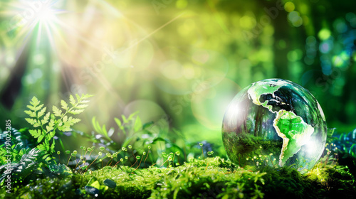 Green glass globe on moss in the forest, green planet Earth under sunlight with rays of light and plants. Concept for ecology environment protection 