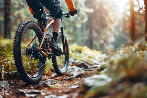 A mountain biker paused on a trail, bike pointing downhill, vibrant forest green background capturing the thrill and challenge of off-road biking