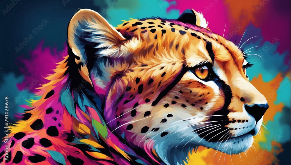 Wild Animal Abstract Wallpaper, Graceful Cheetah in Vibrant Colors, Altered to Shift the Animal Focus.