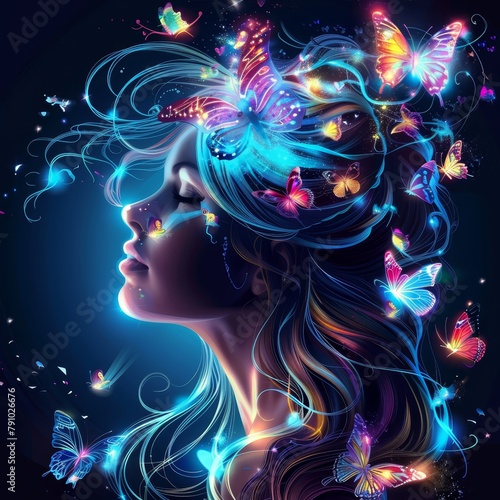   A woman adorns her hair with butterflies