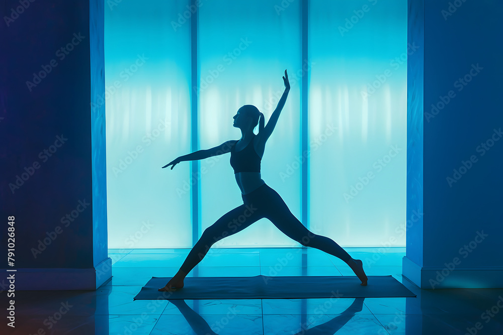 A yoga instructor in a dynamic pose, the room bathed in a peaceful azure background, emphasizing balance and wellness