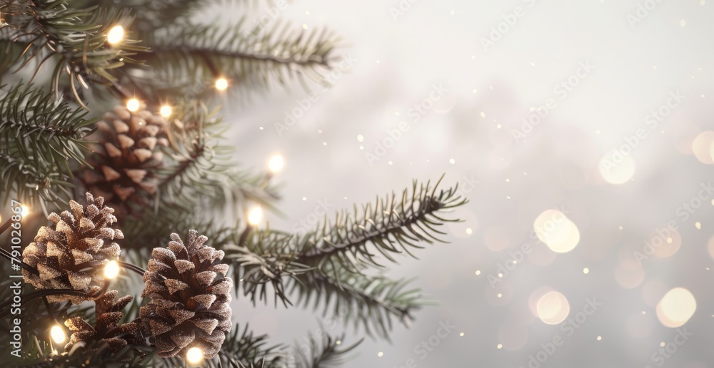   A tight shot of a pinecone against a Christmas tree, surrounded by a basket of twinkling lights behind