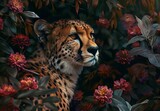   A tight shot of a cheetah in a flower-filled meadow, surrounded by softly blurred vegetation