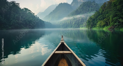   A boat floats on a tranquil lake, adjacent to a lush green forest-covered mountain shrouded in fog and mist photo