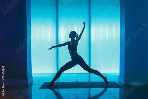 A yoga instructor in a dynamic pose, the room bathed in a peaceful azure background, emphasizing balance and wellness © Studio Vision