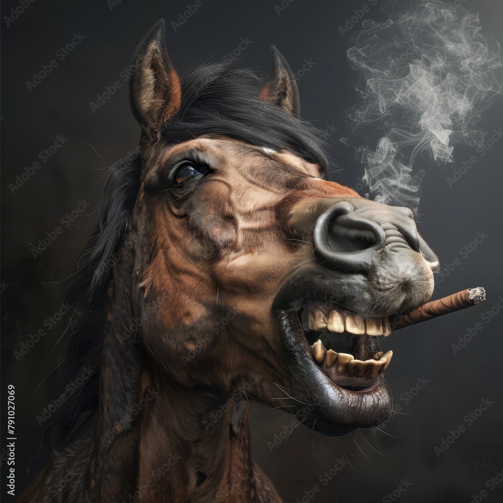 Fototapeta premium A horse with an extended mouth, holding a cigarette between its teeth, exhaling smoke