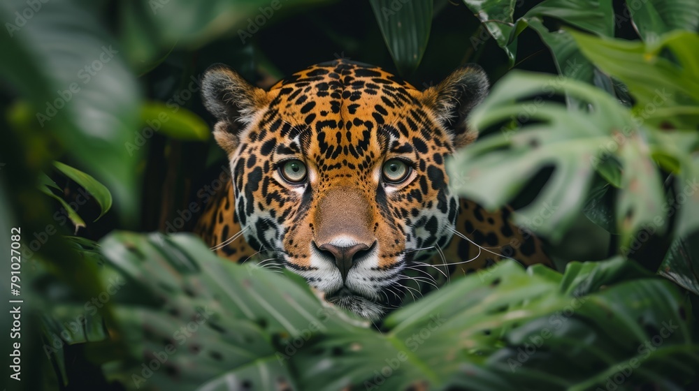 A tight shot of a leopard's face emerging from tropical plant leaves A tight shot of a leopard's face emerging from tropical plant leaves