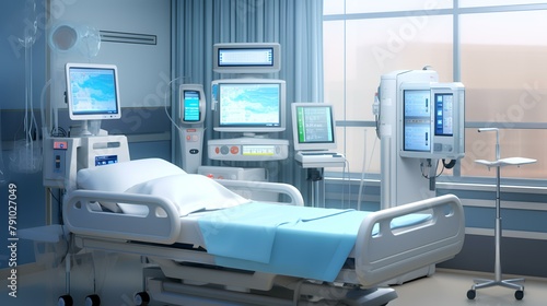 Hospital room with a patient lying on the bed. 3d rendering © Sumera