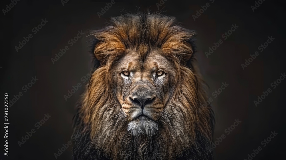   A lion's intense face, tightly focused eyes, against a backdrop of absolute blackness