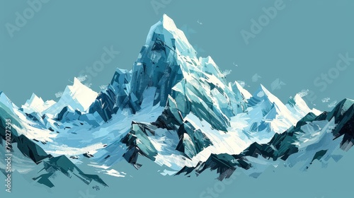   A painting of a mountaineous peak blanketed by snow on its sides, crowned by trees atop, against a backdrop of a blue sky photo