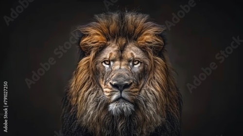   A lion s intense face  tightly focused eyes  against a backdrop of absolute blackness