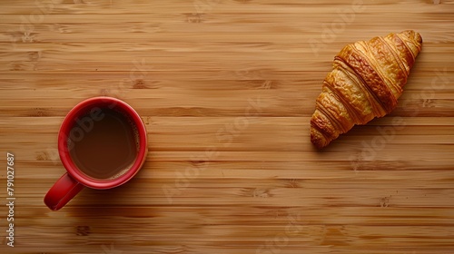  A tight shot of a steaming cup of coffee and a crisp croissant on a weathered wooden table, accompanied by a slice of bread