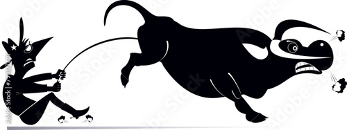 Rodeo. Farmer or cowboy. Angry bull. 
Farmer or cowboy trying to hold an angry bull. Black and white illustration

