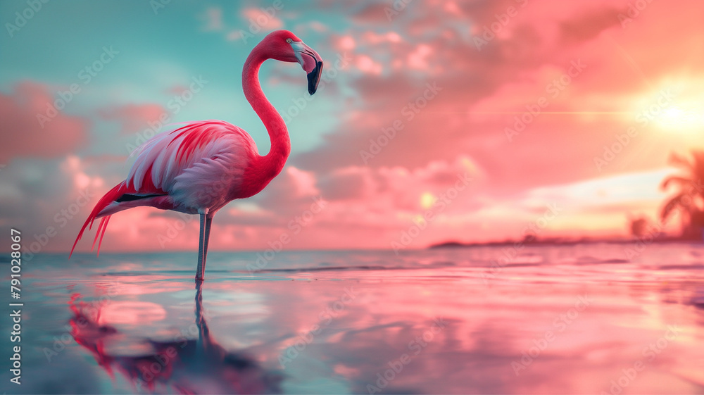Fototapeta premium Flamingo Stand in The Water With Beautiful background Nature 4K Wallpaper