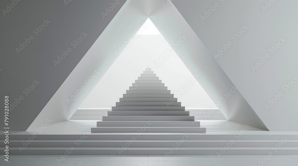 Slim triangular podium in a stark white room, abstract and artistic for unique items. Slim triangular podium in a stark white room, abstract and artistic for unique items.
