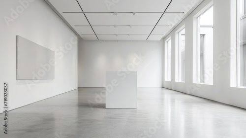 Slim, tall podium in a minimalist white gallery space, elegant and understated.