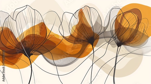   A painting of orange and white flowers against a white backdrop, delineated by a single black line down the center photo
