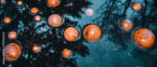   A collection of candles afloat on water's surface, mirrored by tree reflections in the background photo