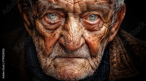  A tight shot of an elderly man's face, displaying intricate wrinkles across the upper half