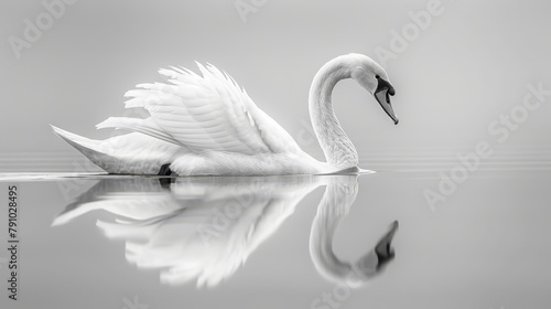   A black-and-white image of a swan in the water, wings spread out, mirrored in reflection © Jevjenijs