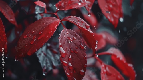 red leaves with raindrops on dark backgrund photo