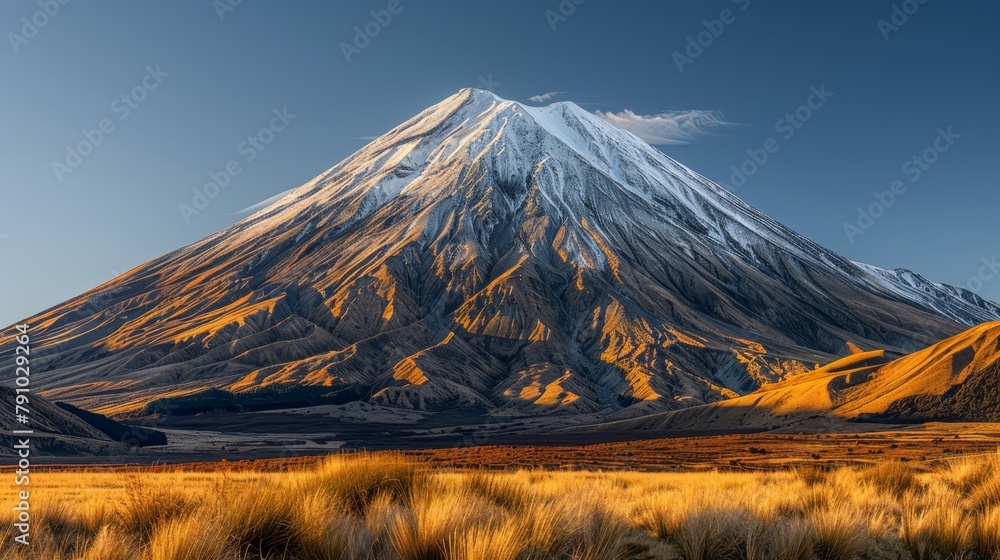   A towering snow-capped mountain rises from a expanses of dry, golden grass Foreground features tall blades of grass against a backdrop of azure sky