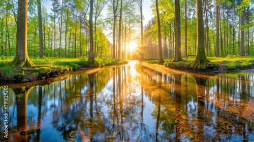   The sun shines over a small river bordered by trees on each side
