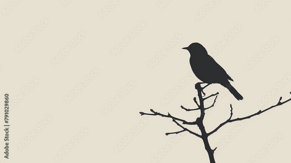 Fototapeta premium A black bird atop a tree branch against a light backdrop
