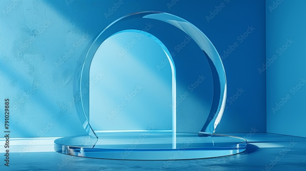 Transparent glass podium on a gradient blue backdrop, futuristic style for tech gadgets.