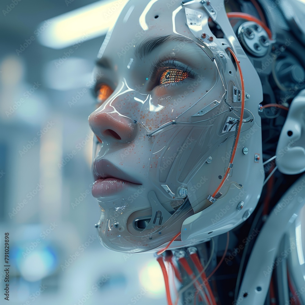 Fototapeta premium A woman with a robotic face is staring at the camera. The woman's eyes are glowing, giving the impression of a futuristic, almost alien-like appearance