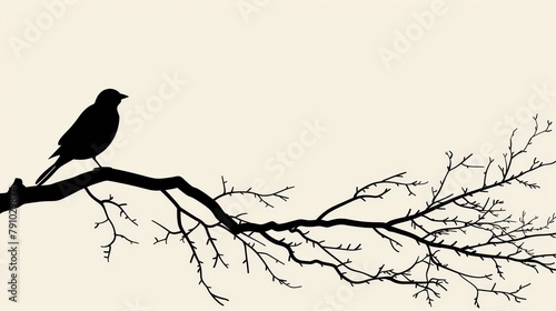   A bird silhouette on a tree branch against a light, cloudless sky photo