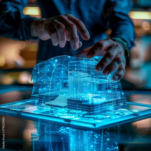 A man is touching a 3D model of a building on a computer screen. Concept of wonder and fascination as the viewer imagines the possibilities of what the building could be. The blue color of the screen