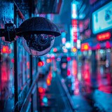 A camera is mounted on a pole in a city street. The street is lit up with neon signs and the camera is capturing the scene