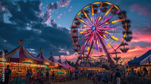 A lively carnival at dusk, Ferris wheel lights against the twilight sky, happy faces of families enjoying rides and games. Resplendent. © Summit Art Creations