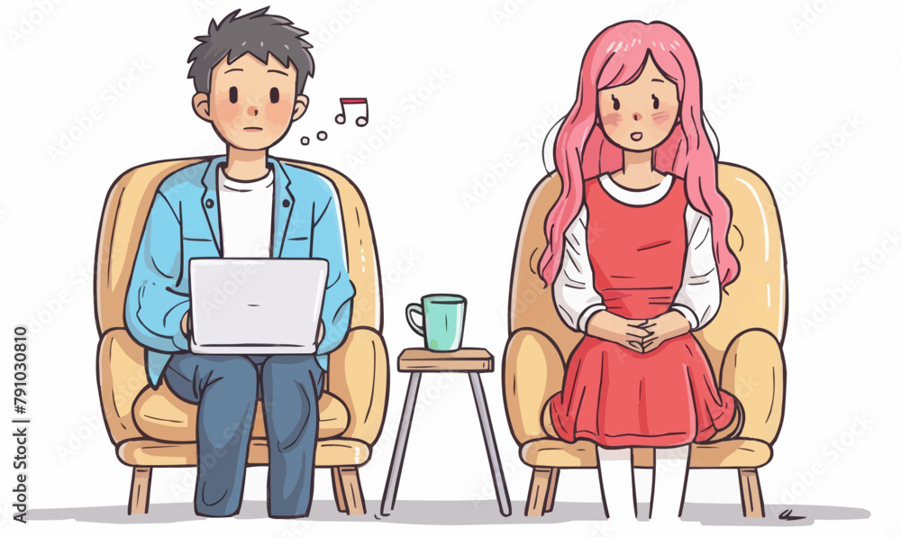 Simple line drawing of two people in suits sitting on office chairs