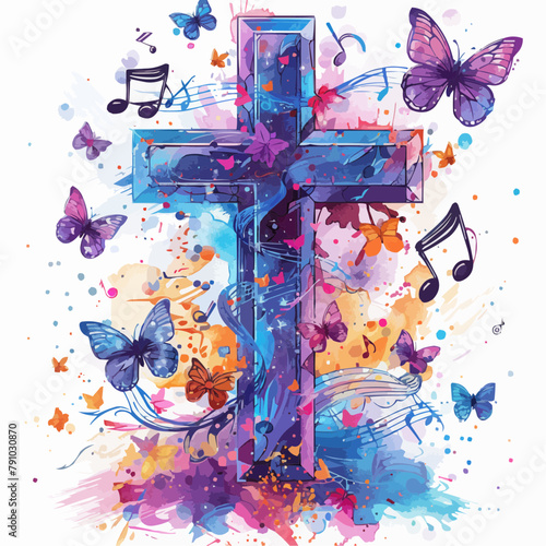 Colorful Christian cross with music notes vector illustration design isolated on white background