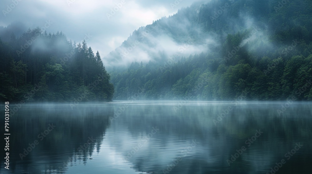 A boat floating in a misty lake surrounded by a foggy forest A boat floating in a misty lake surrounded by a foggy forest