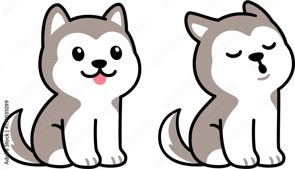 Cute cartoon husky puppy sitting and howling. Adorable little dog drawing, isolated illustration. Cute cartoon husky puppy sitting and howling. Adorable little dog drawing, isolated illustration.