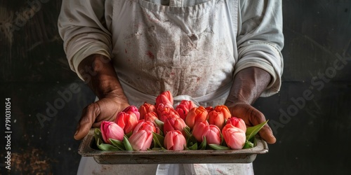 A man holding a tray filled with vibrant red and yellow tulips.