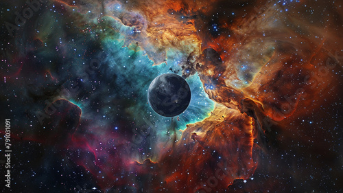 The breathtaking spectacle of a nebula, awash with colors, serving as the dramatic backdrop for a planet's silent orbit within a star-studded expanse