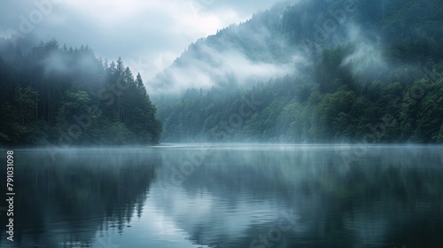 A boat floating in a misty lake surrounded by a foggy forest photo