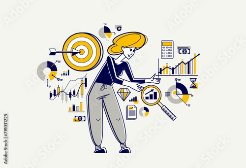 Business goal vector outline illustration, business strategy woman entrepreneur developing and managing his plan, motivation and target.