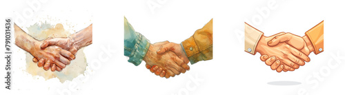Shaking hands business vector illustration with abstract rays, symbol of success deal, happy partnership, greeting shake, casual handshaking agreement flat