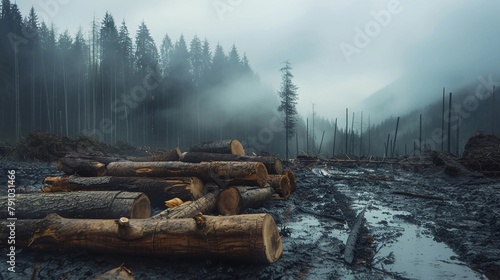 deforested landscape with cut trees and pile wood in the middle, foggy weather, muddy ground, dead forest, overcast sky, deforestation wood cutting concept, environmental issue,  world environment day photo