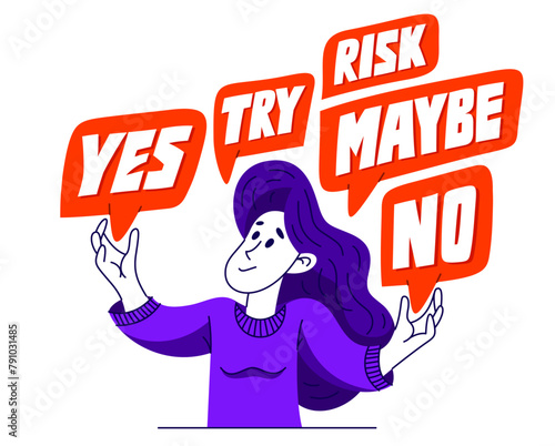 Young woman having a doubt and question, vector illustration of a person who is hesitating and thinking about some problem, decide uncertainty.