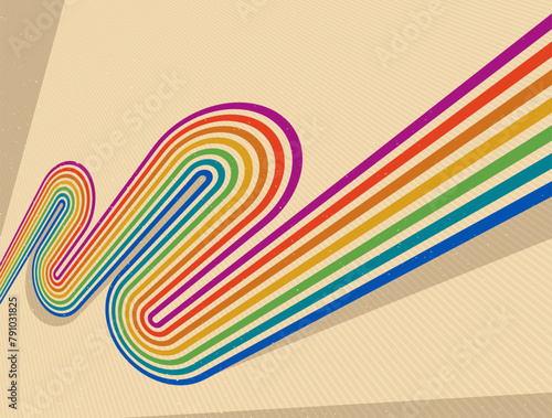 Retro style abstract background with curve lines in all colors of rainbow, 3D dimensional seventieth vector art. © Sylverarts