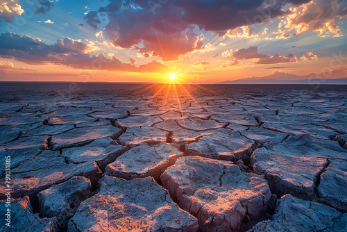 Parched earth at sunset: climate change emblem photo